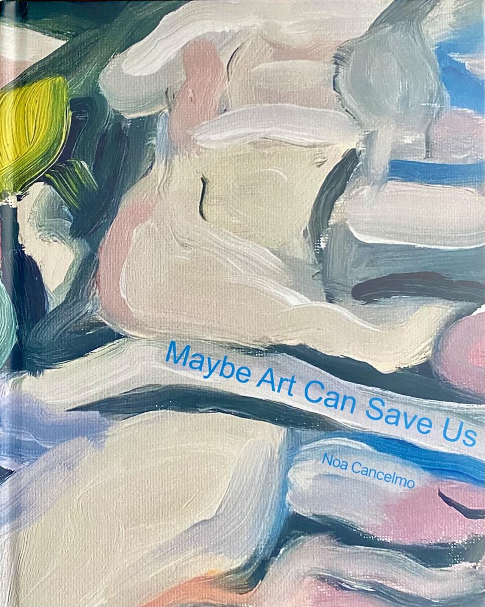 Book with an abstract painting of pinks and blues on the cover. 