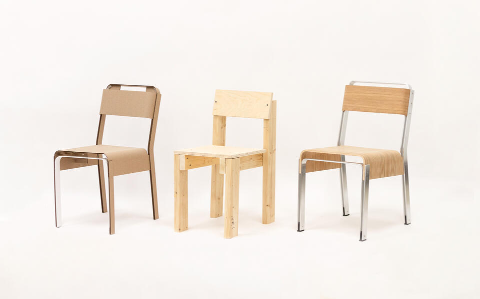 Evolution of a chair design: cardboard prototype, seating angle mockup, and final version in bent plywood with metal frame.