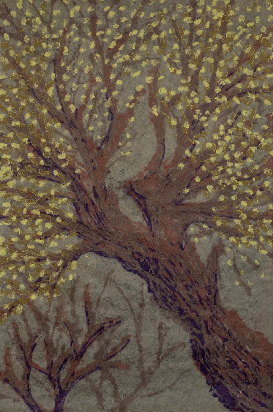 Pulp painting depicting a large olive tree with a thick trunk, divided in the middle into two growing sides.