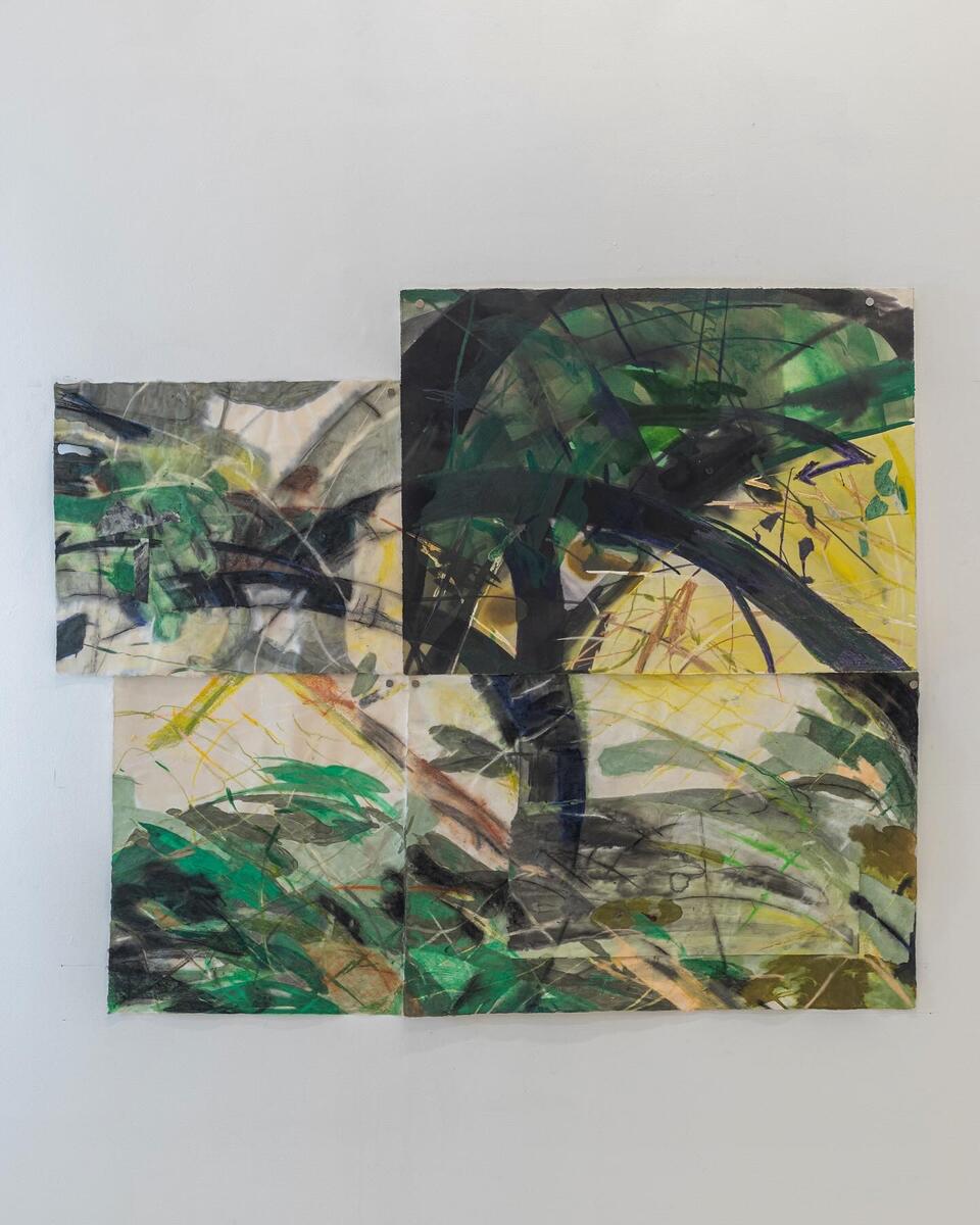 Landscape of branches and fencing painted across 4 sheets of paper. Prominent colors- Lemon yellow, Black, Viridian green.