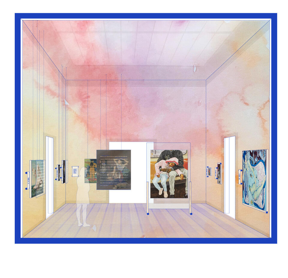 Colorful watercolored fabric intervention into Met gallery. Figure looks at comparative paintings by male and female artists.