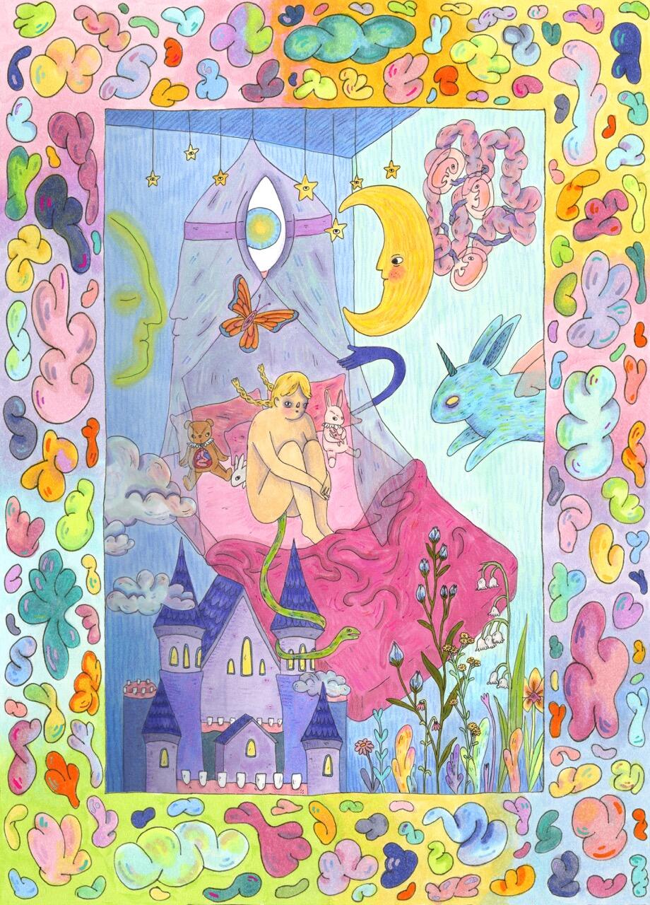 A girl sitting with knees to chest on a bed floating through space, with strange imagery surronding her