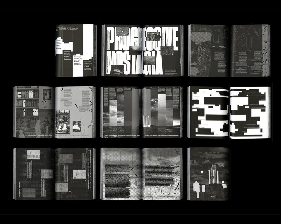 16 black-and-white pages featuring original writings in bold typography, layered images, and fragmented graphic layouts.