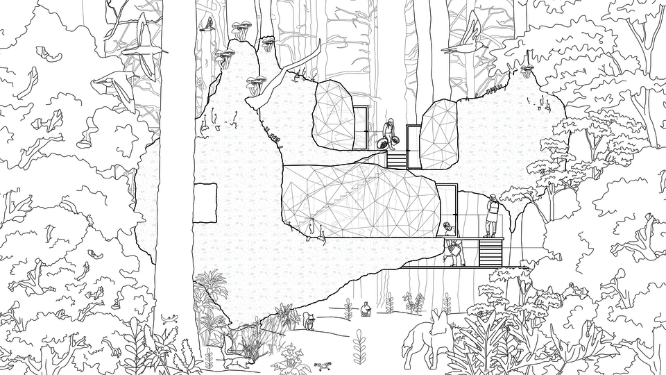 Barbican reimagined as a living ecosystem: species cohabit tree homes, mossy ruins, and shifting biotextile shelters