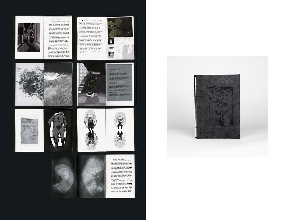 Black book with embossed cover and exposed spine shown closed on right; on left, pages reveal grayscale drawings and text.