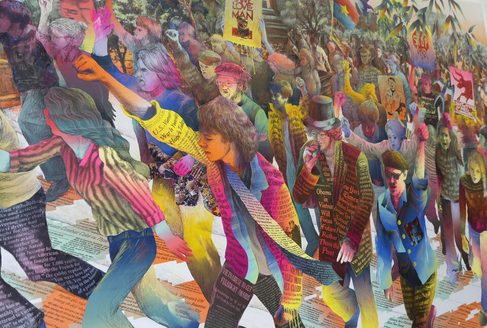 Painting of student activism with archival photos, news clippings, bold gradients, and spontaneous mark-making.