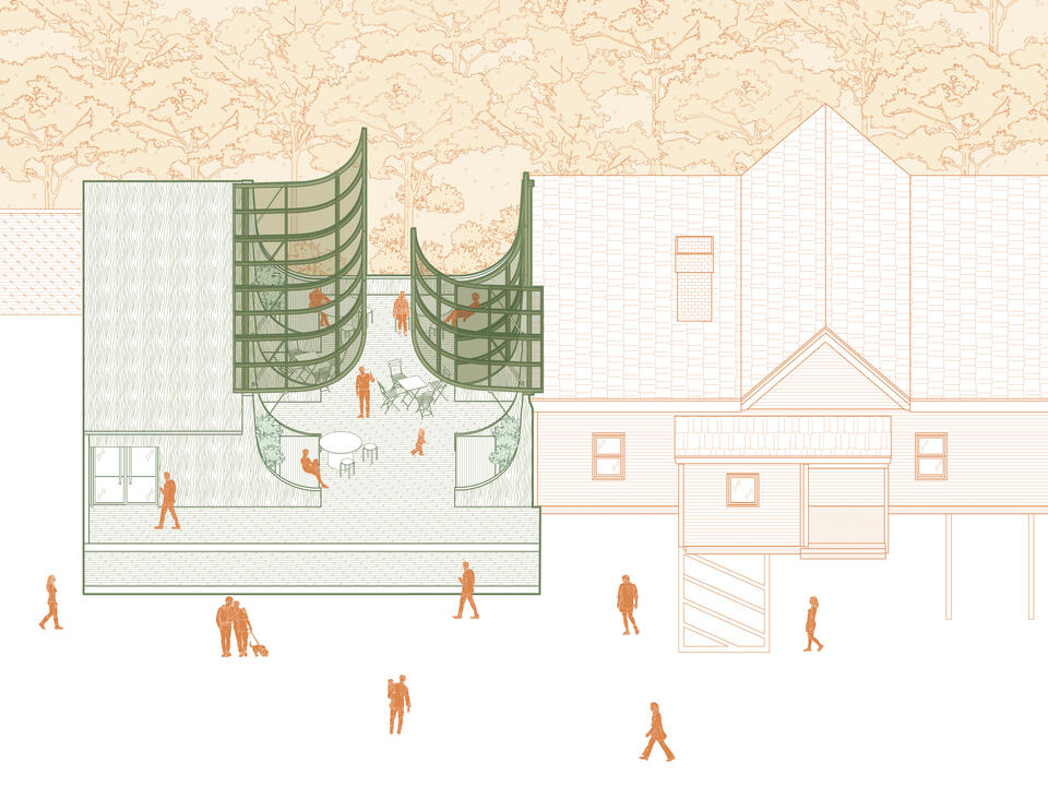 A refugee community center built as an extension of the existing ethnic social club.
