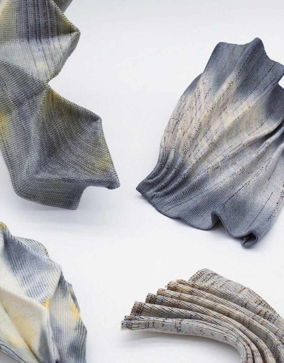Selected knitted samples explore how textile can transform through folding, shrinking, and structural manipulation. 