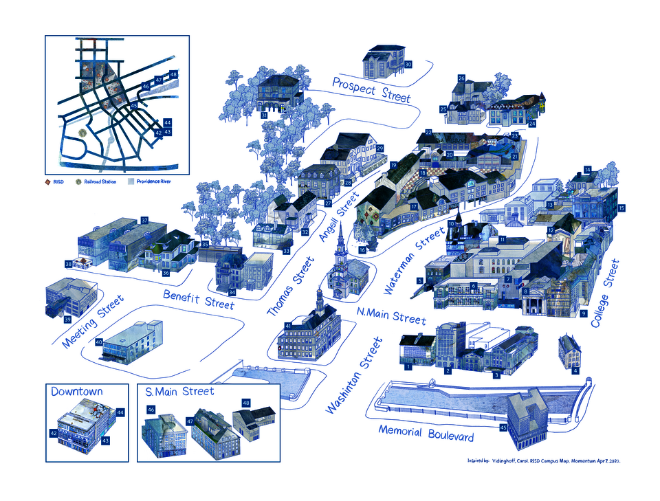 Digitally-drawn map of RISD’s campus, with numbered buildings along curved streets, surrounded by trees.