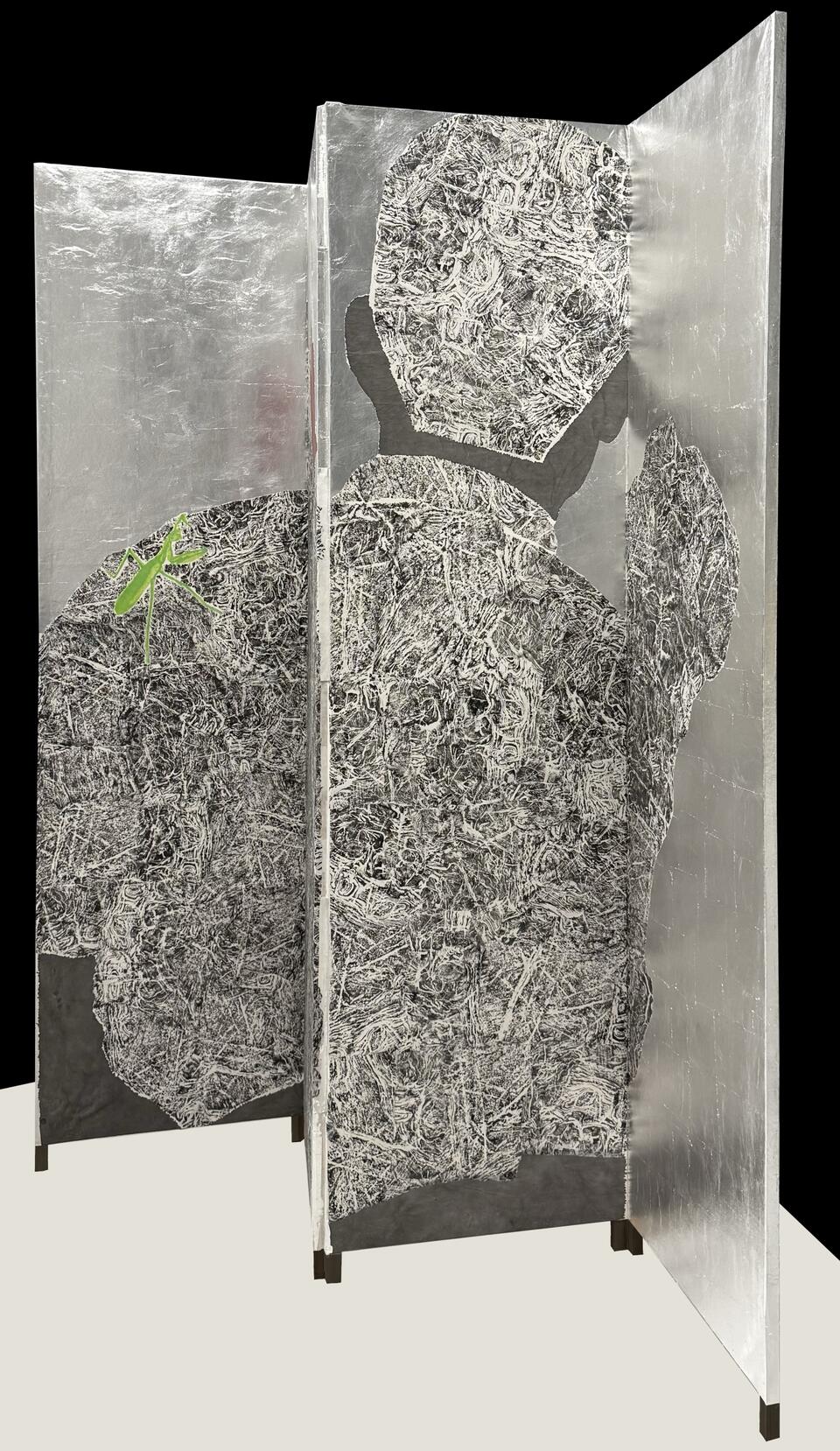 This is a four-panel screen where silver leaf tarnishes over time, revealing the passage of time through quiet transformation
