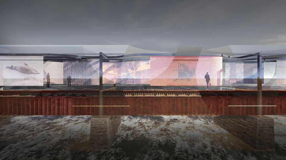 Model of a steel bridge wrapped in double-layered wire mesh with cutouts shaped like deflated balloons.