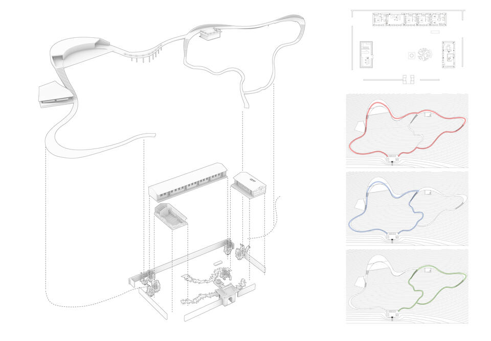 A layered axonometric on the left shows buildings and a forest path; the right side displays loops and floor plans.