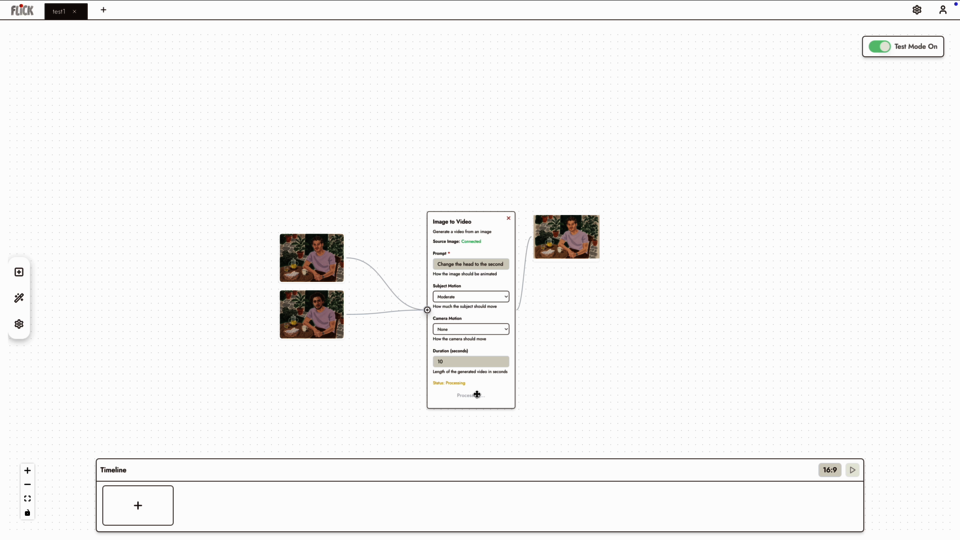 A node-based infinite canvas interface showing media elements and action blocks connected to build an AI video workflow.